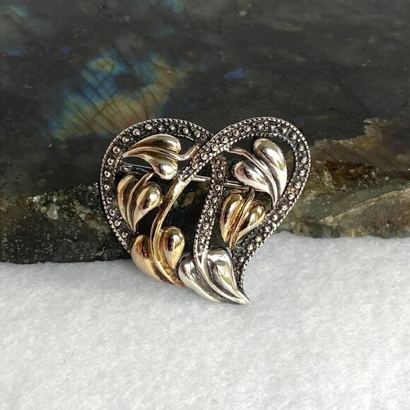 Sterling Silver 925 Mixed Metal Gold Vermeil Foliage Leaf Floral Heart Brooch - Picture 6 of 16